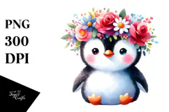 Watercolor Penguin Flower Crown Clipart Product Image 1