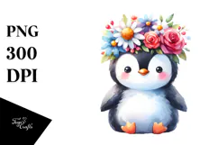 Watercolor Penguin Flower Crown Clipart Product Image 1