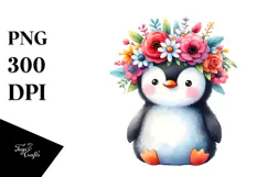Watercolor Penguin Flower Crown Clipart Product Image 1