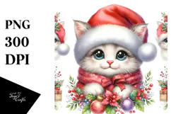 Watercolor Cat Santa Hat PNG Product Image 1