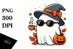Cute Ghost with Tea and Sunglasses, Simple PNG Product Image 1