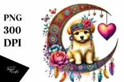 Boho Puppy on Moon Holding Heart, Colorful PNG Product Image 1