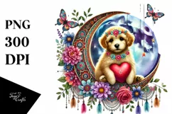 Boho Puppy on Moon Holding Heart, Colorful PNG Product Image 1