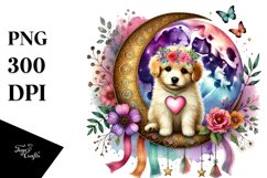 Boho Puppy on Moon Holding Heart, Colorful PNG Product Image 1