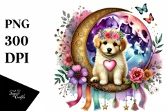 Boho Puppy on Moon Holding Heart, Colorful PNG Product Image 1