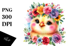 Cartoon-Style Chicken with Flower Crown | Watercolor Clipart Product Image 1