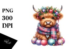 Cute Highland Cow with Ornaments PNG Product Image 1