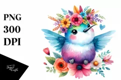 Cartoon-Style Hummingbird with Flower Crown | Watercolor Product Image 1