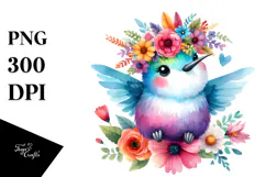 Cartoon-Style Hummingbird with Flower Crown | Watercolor Product Image 1