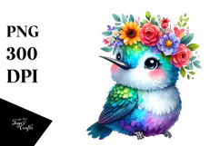 Cartoon-Style Hummingbird with Flower Crown | Watercolor Product Image 1