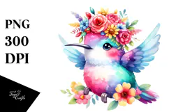 Cartoon-Style Hummingbird with Flower Crown | Watercolor Product Image 1