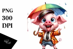 Cute Baby Pig Dancing with Raincoat PNG Product Image 1