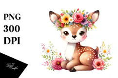Cartoon-Style Deer with Flower Crown | Watercolor Clipart Product Image 1