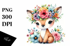 Cartoon-Style Deer with Flower Crown | Watercolor Clipart Product Image 1