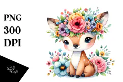 Cartoon-Style Deer with Flower Crown | Watercolor Clipart Product Image 1