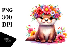 Cartoon-Style Otter with Flower Crown | Watercolor Clipart Product Image 1