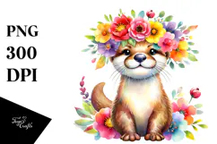 Cartoon-Style Otter with Flower Crown | Watercolor Clipart Product Image 1