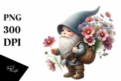 Small Gnome Carrying Cosmos Bouquet | Clipart Product Image 1