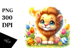 Sitting Cute Baby Lion in Spring Clothes, Vibrant PNG Product Image 1