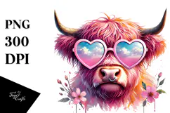 Highland Cow with Heart Shaped Sunglasses PNG Product Image 1