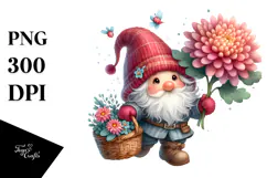 Cute Gnome with Chrysanthemum Flower, PNG Product Image 1