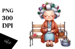 Old Lady Watercolor Character on Bench with Hair Curlers | Product Image 1