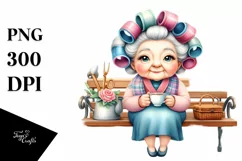 Old Lady Watercolor Character on Bench with Hair Curlers | Product Image 1