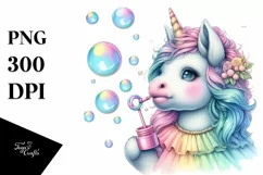 Colorful Baby Unicorn Blowing Bubbles PNG Product Image 1