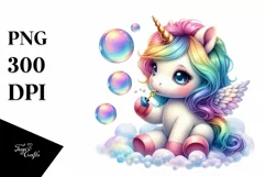 Colorful Baby Unicorn Blowing Bubbles PNG Product Image 1