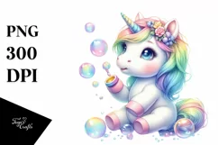Colorful Baby Unicorn Blowing Bubbles PNG Product Image 1