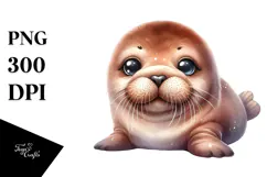 Cute Baby Walrus with Cosmos, PNG Product Image 1