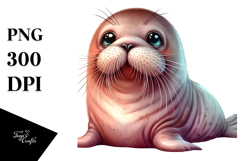 Cute Baby Walrus with Cosmos, PNG Product Image 1