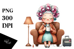 Old Lady Watercolor Character on Sofa with Hair Curlers | Product Image 1