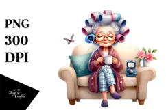 Old Lady Sitting on Sofa with Hair Curlers | Sublimation Product Image 1