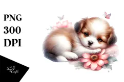 Sleeping Baby Puppy on Flower, PNG Product Image 1