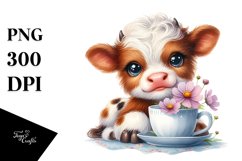 Baby Highland Cow with Cosmos, Transparent PNG Product Image 1