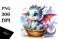 Watercolor Smiling Baby Dragon in Basket Product Image 1
