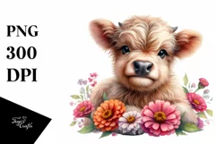 Cute Baby Highland Cow Flowers Clipart Product Image 3
