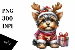 cute Watercolor Yorkshire Terrier with Reindeer Horns and Product Image 3
