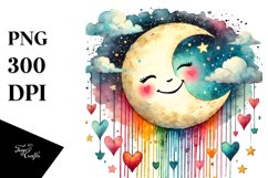 Smiling Moon with Hearts Watercolor PNG Product Image 1