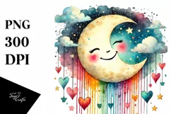 Smiling Moon with Hearts Watercolor PNG Product Image 1