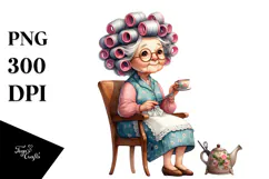 Old Lady Character Sitting on Chair with Tea Cup Product Image 1