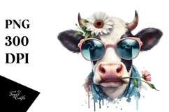 Funny Cow with Sunglasses and Flower, Watercolor PNG Product Image 1