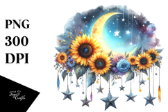 Vibrant Moon with Hanging Stars and Sunflowers PNG Product Image 1