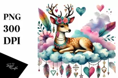 Boho Deer on Cloud with Hanging Hearts PNG Product Image 1