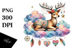 Colorful Watercolor Deer on Cloud with Hearts PNG Product Image 1