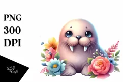Colorful Walrus Moon Flowers Watercolor | Clipart Product Image 3