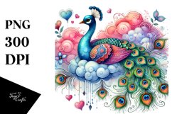 Adorned Peacock on Cloud with Hanging Hearts PNG Product Image 1
