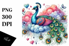Adorned Peacock on Cloud with Hanging Hearts PNG Product Image 1