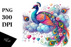 Adorned Peacock on Cloud with Hanging Hearts PNG Product Image 1